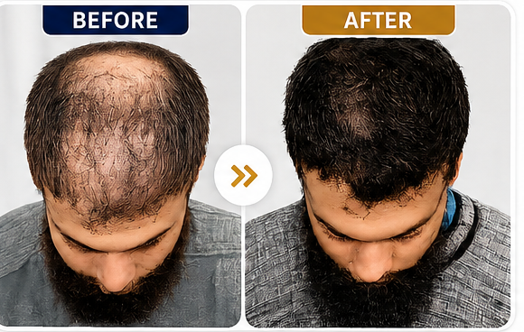 Patient before and after 5 months of non-surgical hair loss treatment in Cheshire