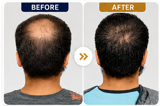 Top view showing significant hair regrowth in 5 months without surgery using Restore+ treatment